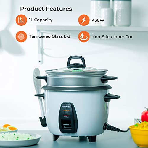Geepas Electric rice cooker GRC4325N| 1.0L Capacity| 3 in 1| Cook, Steam and Keep Warm| Non-Stick| 450W| Single Switch | White| 2 Years Warranty