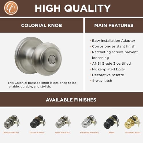 Copper Creek Satin Stainless Door Knobs - Round Colonial Knob with Privacy Locking Function for Home Improvement, 1 Pack - Fits All Standard Doors - Locking Door Knob for Bedroom and Bathroom Use