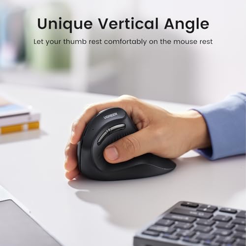 UGREEN Ergonomic Mouse, Vertical Wireless Mouse, 2.4GHz Optical Bluetooth Mice, 4 Adjustable DPI 1000/1600/2000/4000 Levels, 5 Buttons Mice for Laptop, PC, Chromebook, Desktop, Notebook etc, Black
