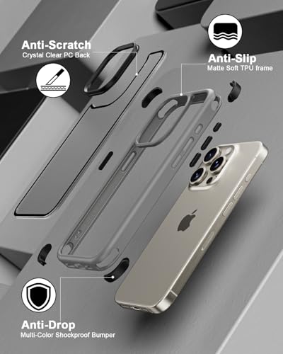 MobNano Compatible with iPhone 15 Pro Max Case, with Multicolor Protective Shockproof Bumpers, Crystal Clear Not Yellowing Anti-Scratch Hard PC Back & Soft Silicone TPU Frame Cover - Grey/Black