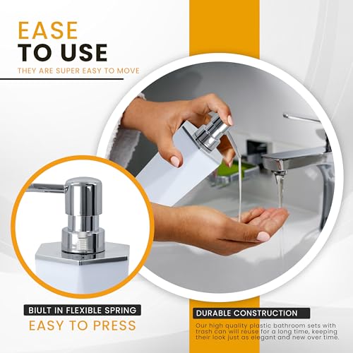 AC&L Bathroom Accessories Set, 5 Pcs Plastic Bathroom Counter Vanity Set, Liquid Soap Dispenser, Toothbrush Holder, Soap Dish, Q tips Tumbler, Vanity Tray, Modern Bathroom Decor Organizer (White)