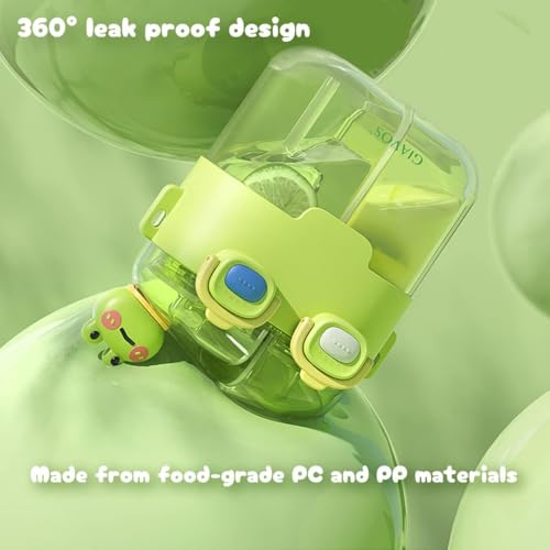 melala Kawaii Water Bottle, 530ml Kids Cute Water Bottles with Straw and Stickers Double Drinking Water Bottle Portable Leakproof Water Bottles for Outdoor School Travel (Green)