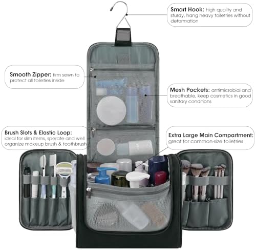 WANDF Large Hanging Toiletry Bag Travel Cosmetic Makeup Organizer Water-Resistant Shower Bathroom Bag for Women and Men (Dark Pink)