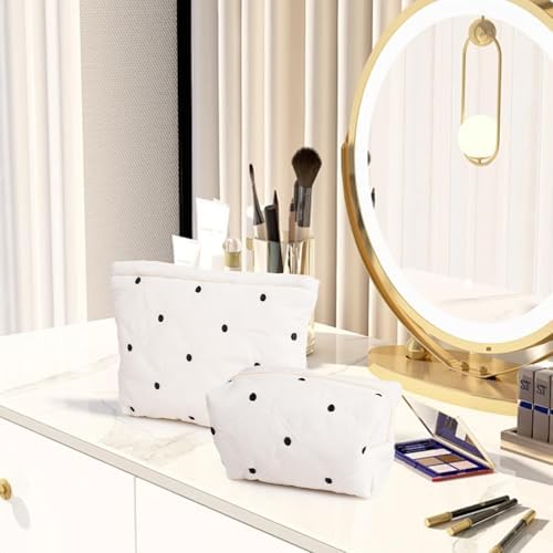 Quilted Cotton Makeup Pouch, Coquette Quilted Toiletry Bag for Women and Girls, Floral Coquette Organizer Bag, Aesthetic Travel Cosmetic Bags (White Shells Drawstring)