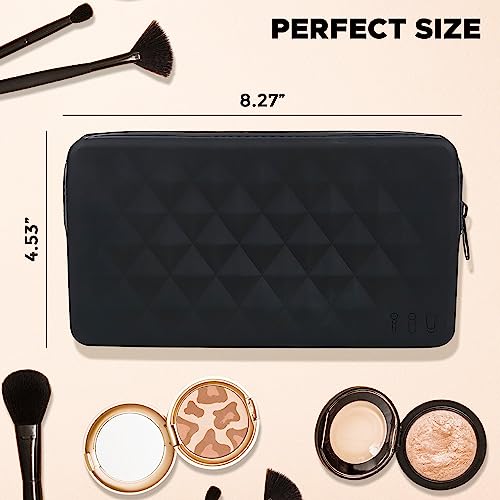 Alba By Design Silicone Makeup Brush Holder for Cosmetic Tools and More - Silicone Makeup Bag with Zipper Closure. Water Resistant Travel Makeup Brush Bag (Black)