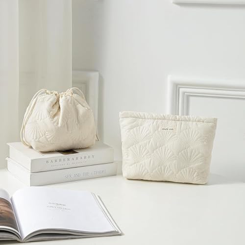 Quilted Cotton Makeup Pouch, Coquette Quilted Toiletry Bag for Women and Girls, Floral Coquette Organizer Bag, Aesthetic Travel Cosmetic Bags (White Shells Drawstring)