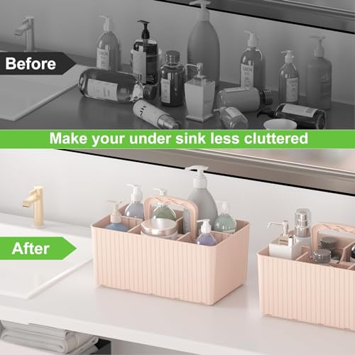 KASTWAVE Plastic Shower Caddy Organizer, Bathroom Caddy Basket with Handle, Portable Small Shower Caddy Dorm for Bath Shower Makeup Cleaning Desk Storage, Pink