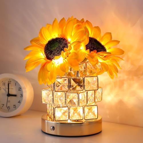 Sunflowers Flower Lamp Touch Lamp, 3-Colour LED Artificial Flowers Small Table Lamp Night Light with Crystal Clear Glass Vase, Rechargeable Cordless Table Lamp,Gift for Valentine Day,Mothers Day