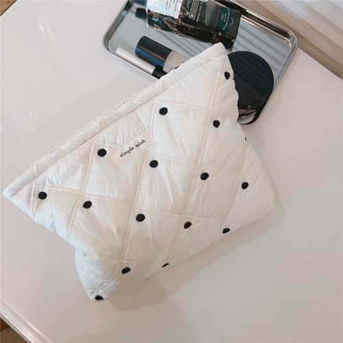Quilted Cotton Makeup Pouch, Coquette Quilted Toiletry Bag for Women and Girls, Floral Coquette Organizer Bag, Aesthetic Travel Cosmetic Bags (White Shells Drawstring)