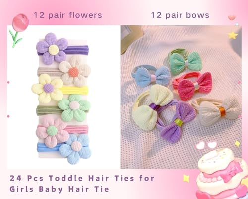Lonimia 24 Pcs Multicolor Cotton Elastic Hair Ties for Girls with Bows and Flowers, Soft Seamless Elastic Hair Bands, Perfect for Little Girls, Toddlers, Babies and Kids