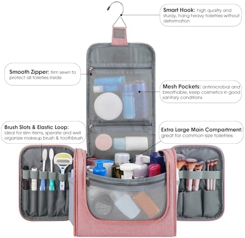 WANDF Large Hanging Toiletry Bag Travel Cosmetic Makeup Organizer Water-Resistant Shower Bathroom Bag for Women and Men (Dark Pink)
