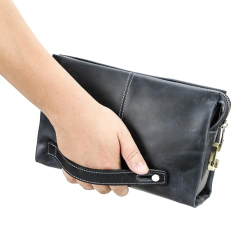 Contacts Mens Genuine Leather ID Card Organizer Clutch for Men, Large Capacity with Anti-Theft Lock Travel Passport Wallet Phone Holder Hand Bag with Wrist Strap