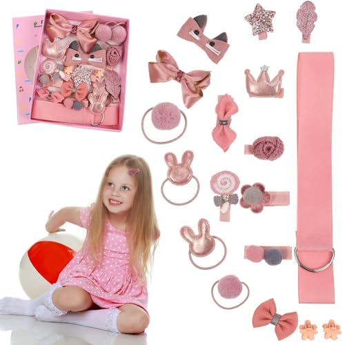 BIGTHREE 18 Pieces Children's Hair Bow Clips Set, Kid Hair Pin Hair Accessories, Pink Hair Bows Clips, Ponytail Holder Hairpins for Little Girls Toddlers Kids, Assorted styles, for Children's Gift (Pi