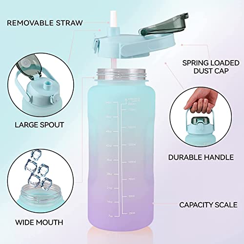 AIMBIGG 2L Water Bottle with Straw 64 Oz Motivational Sports Water Bottle with Time Capacity Marker BPA Free Big Large Gym Cycling Water Bottle Cup Jug for Kids School Outdoor Fitness (Aqua Lilac)