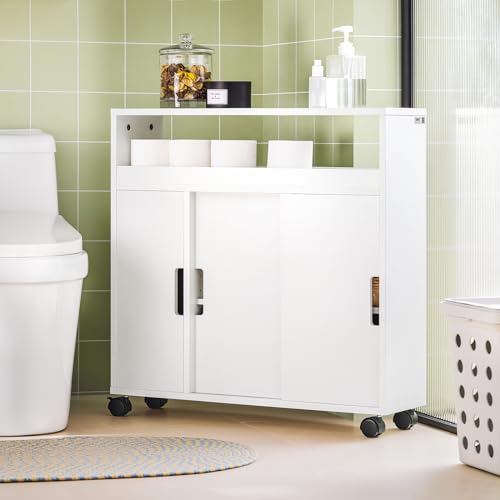 (UAE STOCK) SoBuy BZR02-W New Version Bathroom Toilet Paper Cabinet, Bathroom Storage Cabinet Cupboard on Wheels,دولاب تخزين