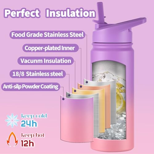 mininoo Kids Water Bottle for School, 16oz Stainless Steel Insulated Water Bottle Kids with Straw Lid for Girls, Boys (Purple/Pink)