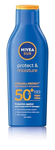 NIVEA SUN Lotion, Protect & Moisture, SPF 50+, Very High and Immediate UVA & UVB Protection, 48H Moisture, Water Resistant, Skin Microbiome Balance, 200ml