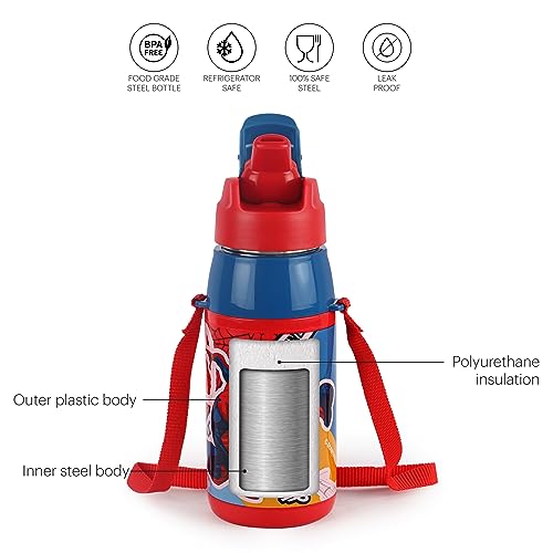 CELLO Puro Steel-X Hydra Kid 400 Water Bottle | PU Insulation | School Bottle | Picnic Bottle | Cold Insulation | Leak Proof | Kids Bottle | Easy to Carry | Spiderman Print | 400ml | Red