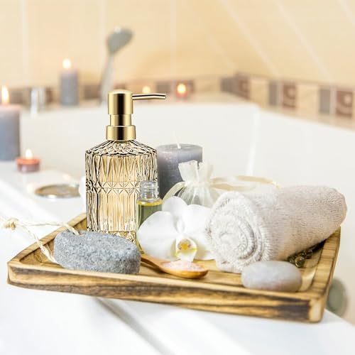 Decostatue Bathroom Accessories Set- 5 Pcs Modern Elegance with Soap Dispenser, Tumbler, Dish, Toothbrush Holder, Cotton Jar Countertop Vanity Organizer for Bathroom Set Glass- Golden