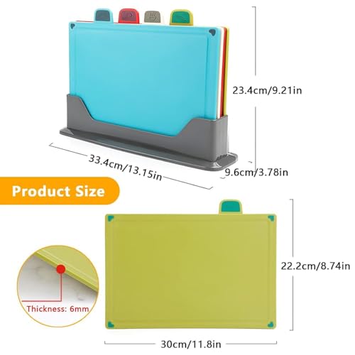 AMERTEER Cutting Board Set, Chopping Board Kitchen with Non-Slip Base & Food Indicators, 4-PCS Silicone Thick Cutting Mats with Storage Stand, Perfect for Fruits & Vegetables, Home and Everyday use