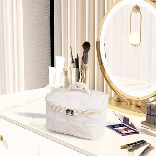 Quilted Cotton Makeup Pouch, Coquette Quilted Toiletry Bag for Women and Girls, Floral Coquette Organizer Bag, Aesthetic Travel Cosmetic Bags (White Shells Drawstring)