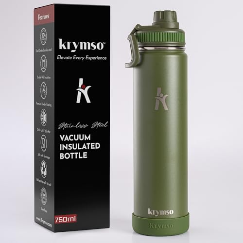 KRYMSO, 750ml Stainless Steel Water Bottle, Double Wall Insulated Water Bottle, Leak Proof, BPA Free, Silicone Boot, Thermos Bottle, Cold Hot Bottle for Kids, School, Gym (Forest Green)