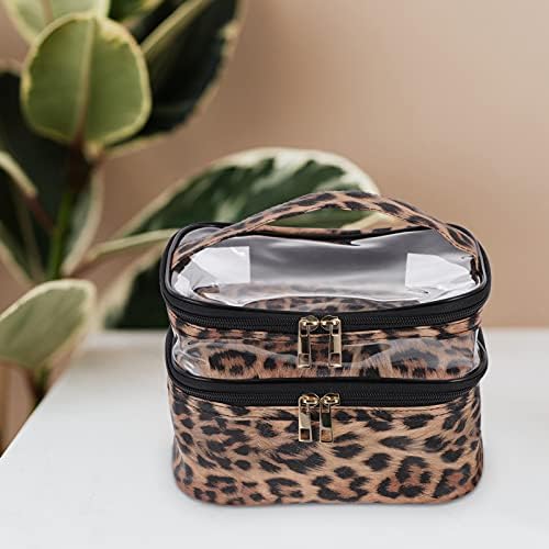 Lurrose Makeup Bag with Large Capacity Double-layer Travel Toiletry Bag Portable Cosmetic Organizer Multifunctional Storage Pouch (Leopard Print)