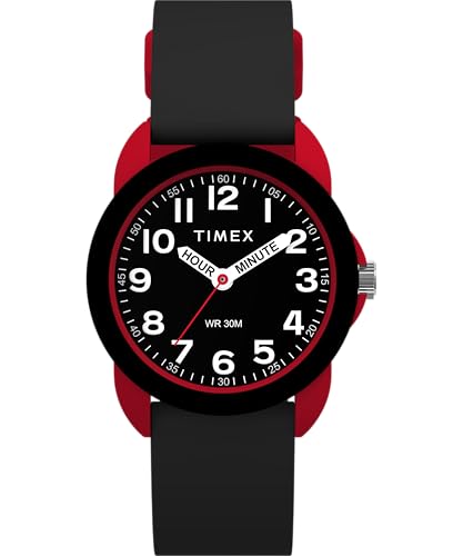 Timex Kids Time Machines 30 mm Watch, Black Silicone Strap Black Dial Red Case TW2W91900, Red, strap