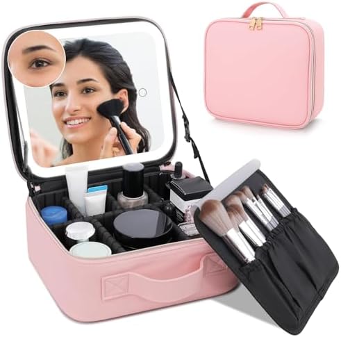 MOMENT Makeup bag with LED mirror, Travel Makeup Bag 3 Adjustable Brightness LED makeup bag with mirror and Dividers suitable for your Jewelry, Essential oil,Toiletries storage and makeup daily Pink