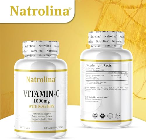 Natrolina Vitamin C 1000 mg with Rose Hips 100 Tablets Vegan | Antioxidant Protection, Boost Immune System & Supports Healthy Skin | 100 Days Supply Ascorbic Acid Vitamin C Supplement for Men Women
