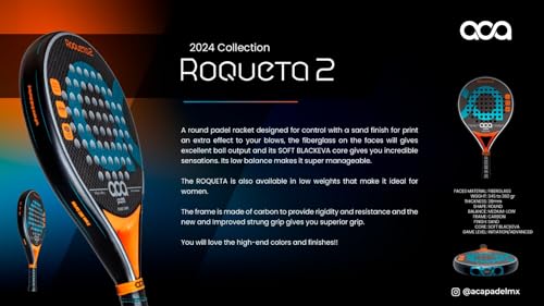 Aca Padel Roqueta 2 (Blue) Face Material Fiberglass, Round Shape, Carbon Frame, Facial Finish Sand, Soft Blackeva Rubber.