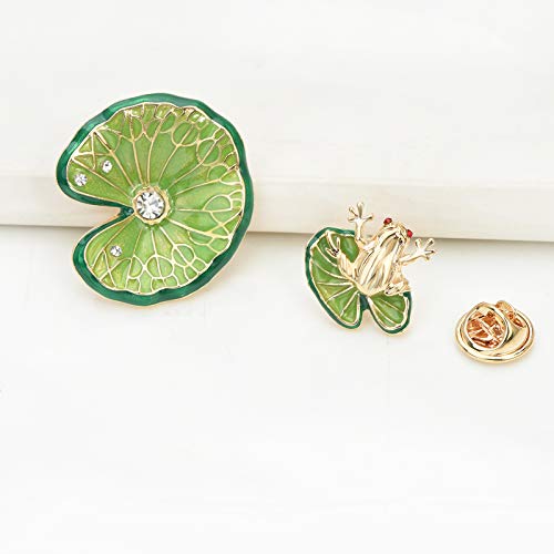 Green Enamel Lotus Leaf Frog Cartoon Lucky Animal Brooch Breastpin Hat Pins Boutonniere Collar Lapel Pins Clothing Costume Accessories Jewelry for Women Men