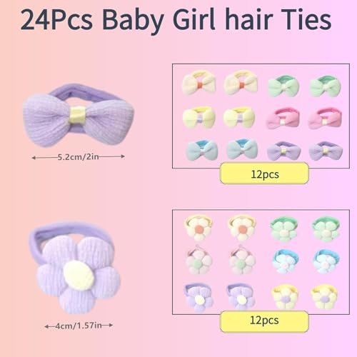 Lonimia 24 Pcs Multicolor Cotton Elastic Hair Ties for Girls with Bows and Flowers, Soft Seamless Elastic Hair Bands, Perfect for Little Girls, Toddlers, Babies and Kids