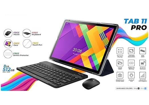 Monopo TAB 11 Pro Tablet â 10.1 Inch IPS LCD, 8GB RAM  512GB ROM, 5G Network, 6000 mAh Battery, Android 13, Keyboard, Touch Pen, Mouse (Gray)