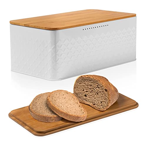 White Bread Box For Kitchen Countertop - Bread Box With Bamboo Wood Cutting Board Lid - Farmhouse White Bread Boxes - Metal Large Bread Box Modern Style To Extend Freshness - Bread Storage Container