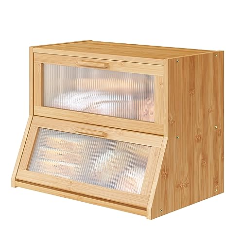Vriccc Black Large Bread Box for Kitchen Counter, Bamboo Wooden Double Layer Large Capacity Bread Storage Bin with Acrylic Wavy Door Panel (Natural)