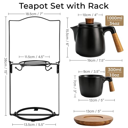 MIAMIO â€“ 1000 ml Ceramic Tea Pot Set with Infuser/Tea Strainer, 4 Ceramic Tea Mugs (300 ml), Bamboo Saucers/Handle and Rack for Home and Office (Black)