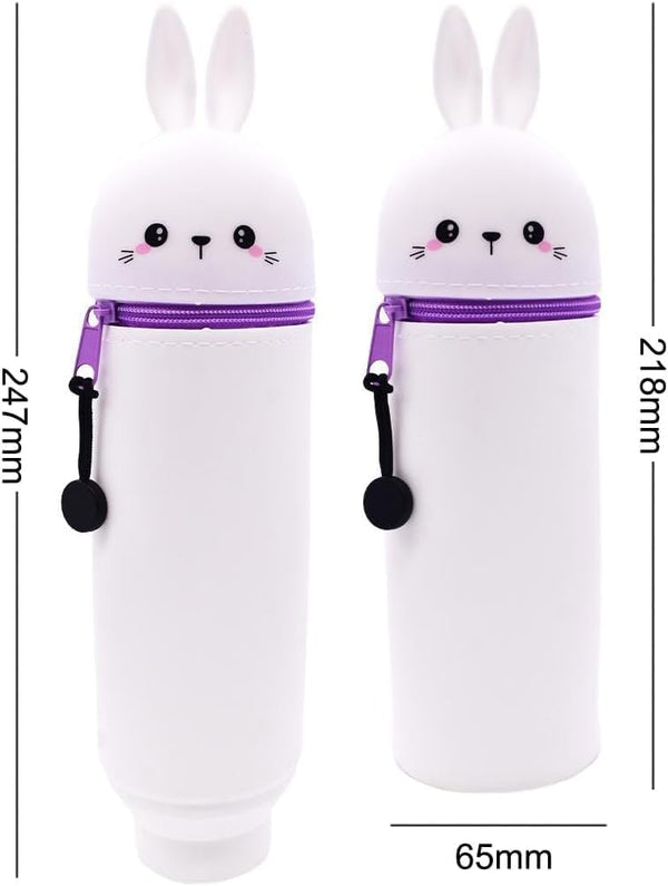 Kawaii 2-in-1 Bunny Pencil Case, Soft Silicone Stand-Up Pen Holder Pouch, Large Capacity with Zipper Closure for Teens, Desk Organizer