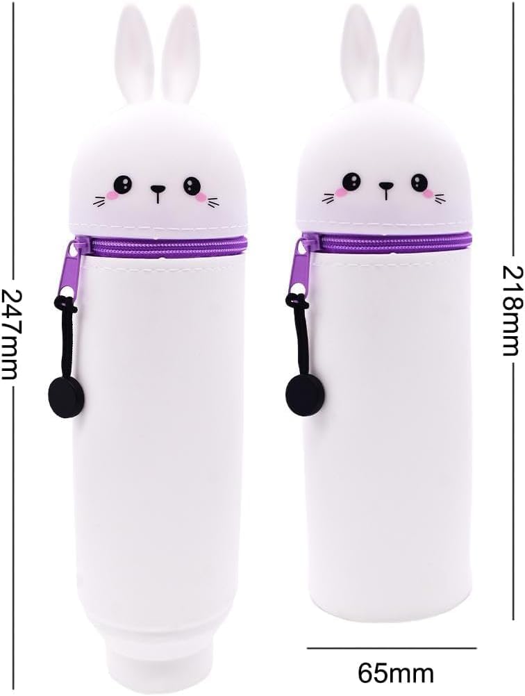Kawaii 2-in-1 Bunny Pencil Case, Soft Silicone Stand-Up Pen Holder Pouch, Large Capacity with Zipper Closure for Teens, Desk Organizer