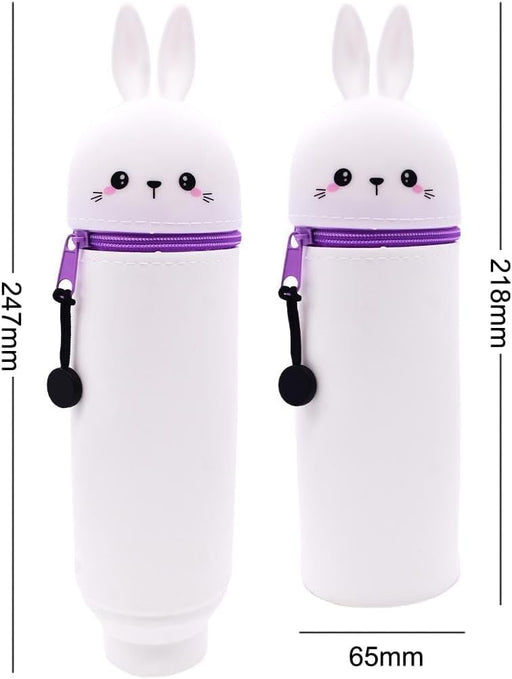 Kawaii 2-in-1 Bunny Pencil Case, Soft Silicone Stand-Up Pen Holder Pouch, Large Capacity with Zipper Closure for Teens, Desk Organizer