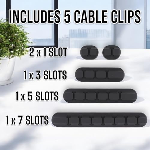 CIRCUIT GREEN 5-Pack Cable Clips, Black Self-Adhesive Cord Organizers, Perfect for Desk, Nightstand, Phone Charger, Computer, TV, Home & Office Cable Management (1, 1, 3, 5, 7 Slots)
