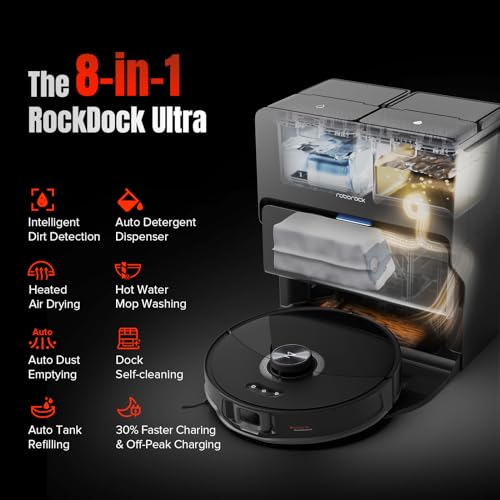 roborock S8 MaxV Ultra Robot Vacuum & Sonic Mop, 10000 Pa Suction, Corner to Edge Deep Cleaning, Hot Air Self-Drying, Auto Empty & Refill, Detergent Dispenser, Obstacle Avoidance,Black