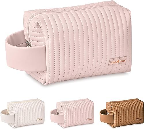 Small Makeup Bag, PU Striped Leather Cosmetic Bag, Portable Travel Makeup Pouch,Waterproof Cosmetic Pouch with Handle,Cute Makeup Bags for Women and Girls (Blue)