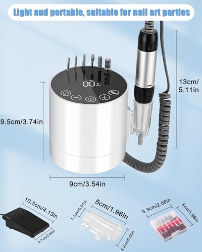 Electric Nail Drill File, 35000 RPM Electric Nail Files Adjustable Speed, Professional Nail Files for Acrylic and Gel Nails, Electric Manicure Pedicure Kit with LCD Display Touchscreen Buttons (White)