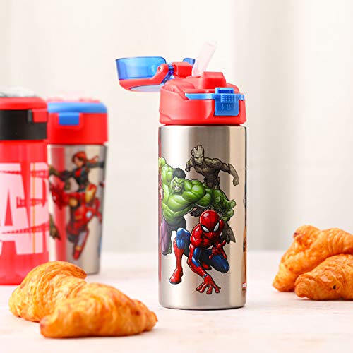 Zak Designs Marvel Comics Durable Single Wall Stainless Steel Water Bottle with Push-Button Flip Lid Leak-Proof Design is Perfect for Outdoor Sports (19.5oz, BPA Free), 19.5 oz, Avengers