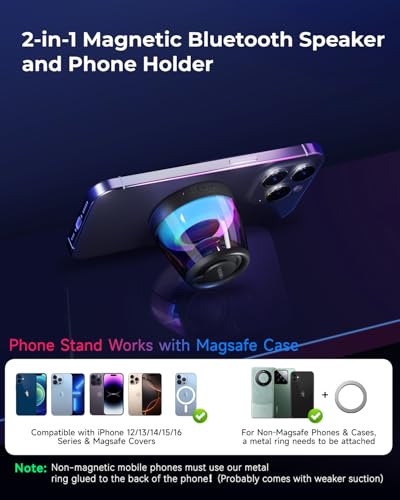 Magnetic Bluetooth Speaker, Portable Bluetooth Speaker with RGB light, Waterproof Wireless Speaker , Phone Stand for iPhone 16/15/14/13/12 Series, Small Speaker for Shower, Outdoor, Birthday Gift