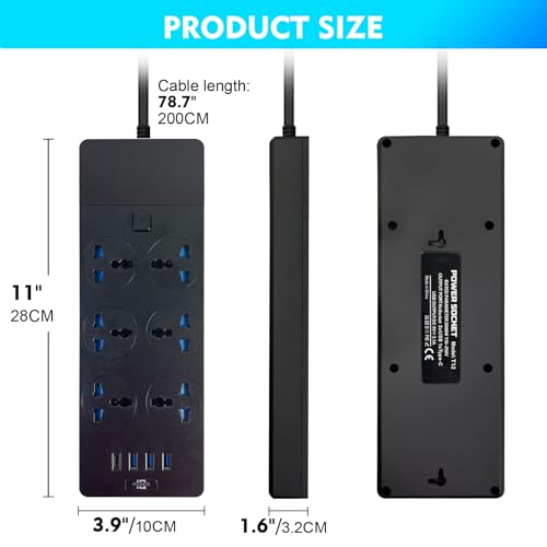 SKY-TOUCH Power Strips Extension Cord 6 Outlets, UK Plug Universal Plug Adapter with 3 USB & 1 Type-C Ports Surge Protector, Charging Socket with 2M Bold Extension Cord (Black)