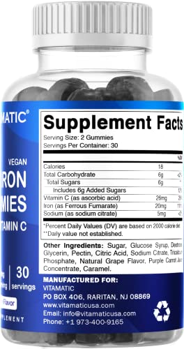 Vitamatic Iron Gummies Supplement for Women & Men - 20mg Serving - 60 Vegan Gummies - Great Tasting Iron Gummy Vitamins with Vitamin C (60 Count (Pack of 1))