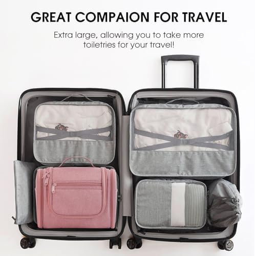 WANDF Large Hanging Toiletry Bag Travel Cosmetic Makeup Organizer Water-Resistant Shower Bathroom Bag for Women and Men (Dark Pink)