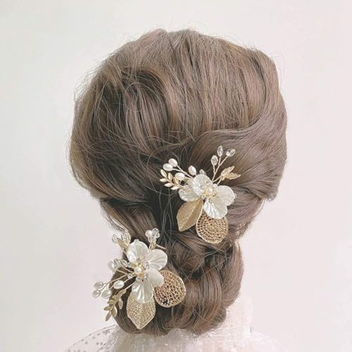 Wedding Flower Girl Hair Pins Bride Pearl Hair Piece Crystals Hair Clips Bridal Hair Accessories for Women and Girls Pack of 2 (Gold)